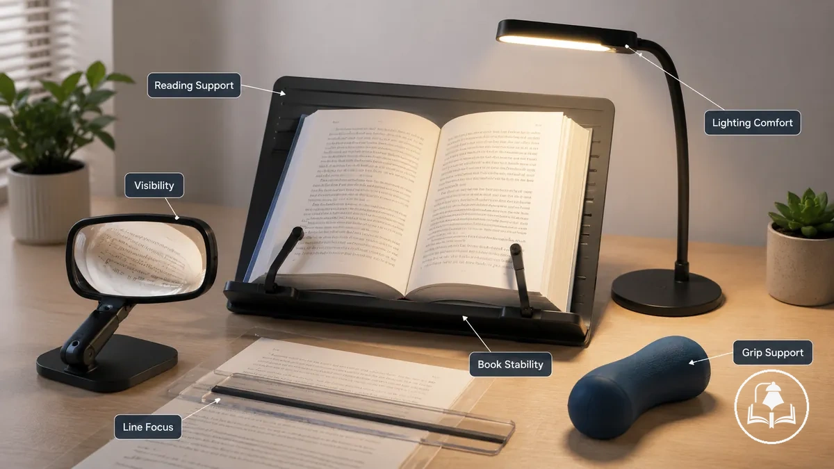 إكسسوارات قراءة ميسرة تدعم كتابًا مفتوحًا بأدوات للرؤية وتتبع النص