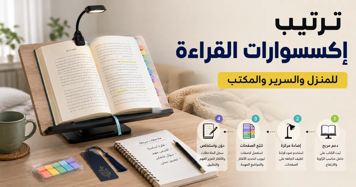 ترتيب عملي لإكسسوارات القراءة في المنزل مع دعم وإضاءة وأدوات لتتبع الصفحات