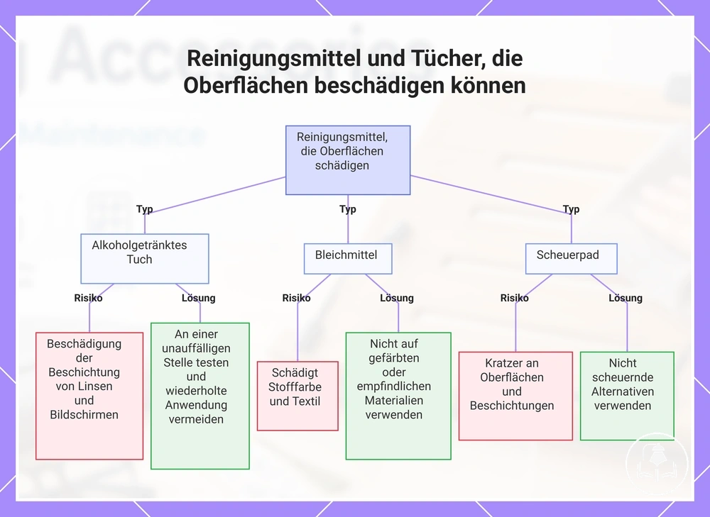 Reinigungsmittel und Tücher, die Oberflächen beschädigen können