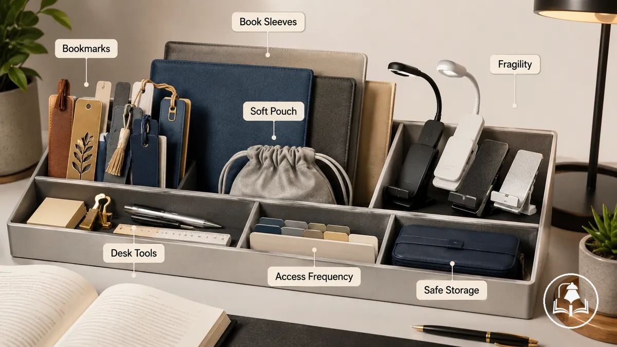 Aufbewahrung von Lesezubehör mit Lesezeichen, Buchhüllen, Lampen, Ständern, Taschen und Schreibtischutensilien, sicher angeordnet