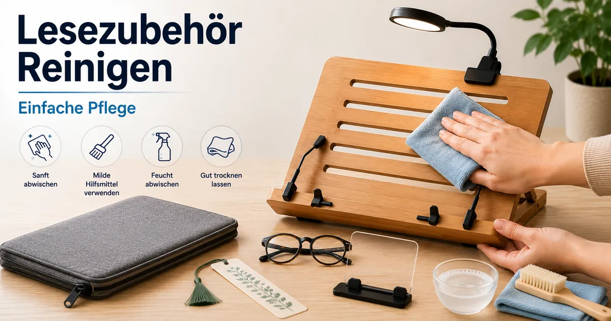 Lesezubehör wird mit einem weichen Tuch und einfachen Pflegehilfen gereinigt