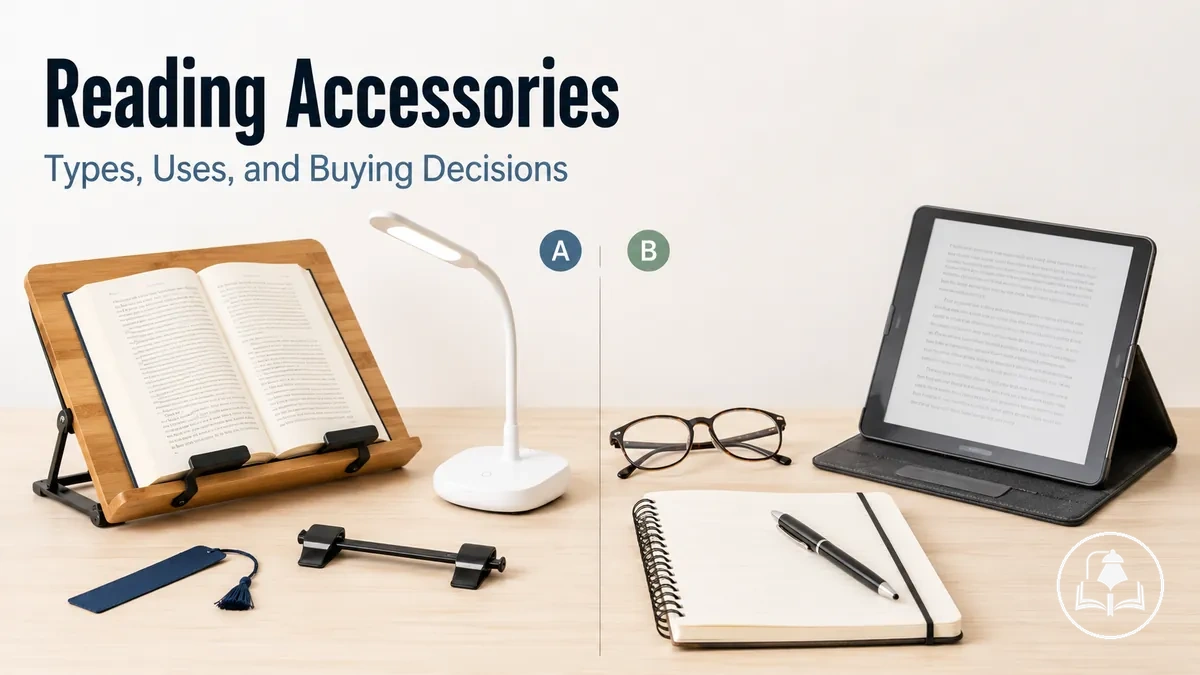 A clean arrangement of common reading accessories for choosing and comparing different reading setups
