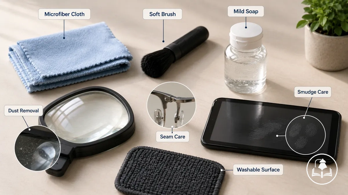 Microfiber cloth, soft brush, and mild soap used for gentle reading accessory cleaning