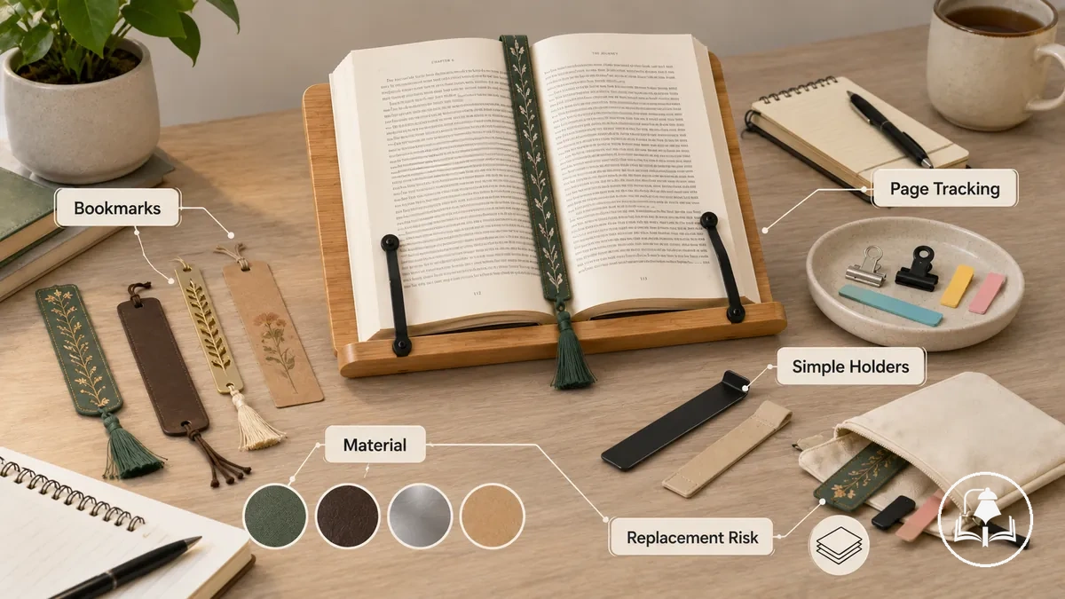 Accesorios de lectura de bajo coste que incluyen marcadores, clips y herramientas simples de seguimiento de páginas dispuestos para uso básico de lectura.