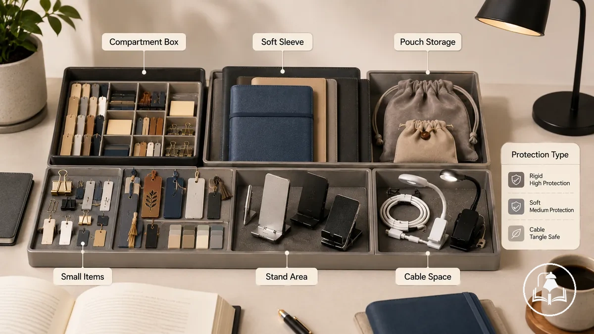 métodos de almacenamiento por tipo de accesorio que muestran organización en compartimento, funda, caja, bolsa, zona de soporte y espacio para cables