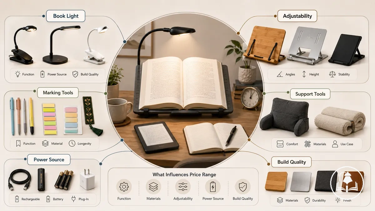 Accesorios de lectura agrupados por función que muestran herramientas de iluminación, soporte, protección y marcado.