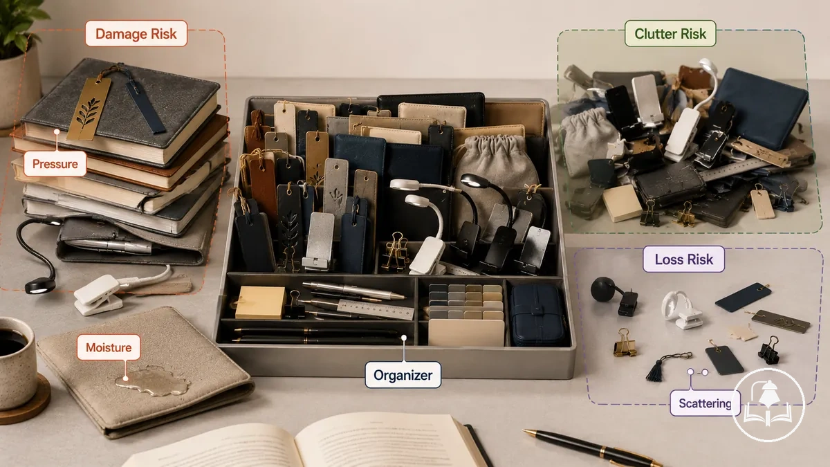 riesgos de almacenamiento de accesorios de lectura que muestran desorden, daños y objetos perdidos en un escritorio organizado