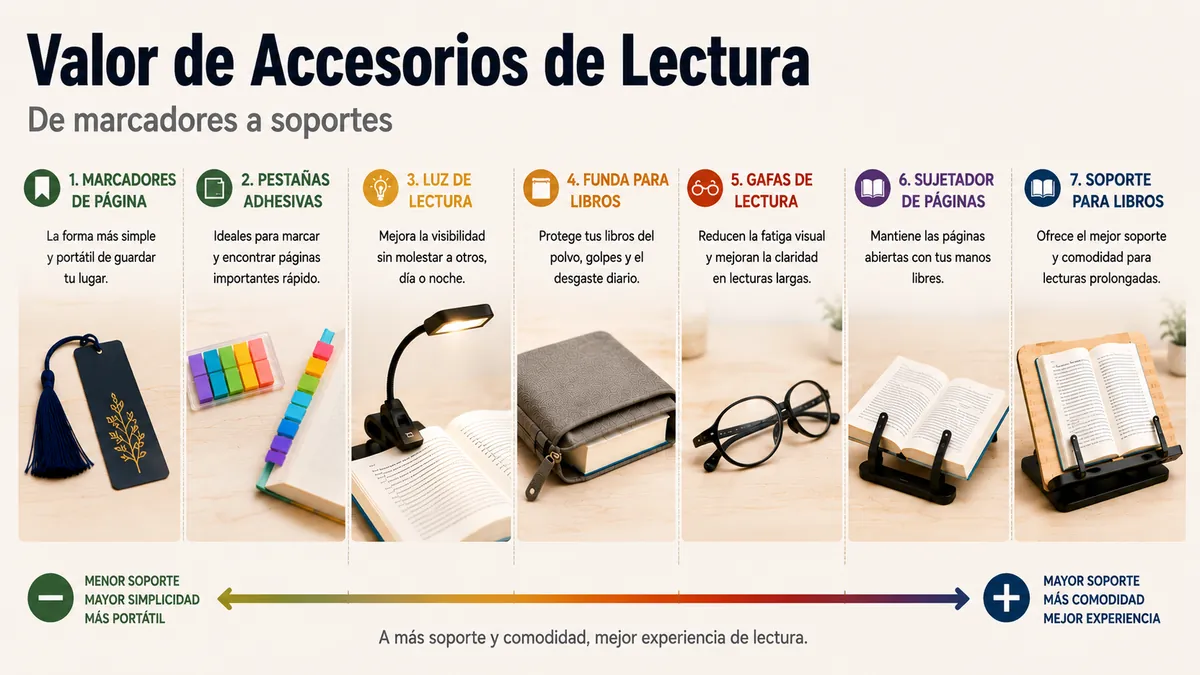 Accesorios de lectura ordenados por valor práctico, desde marcadores sencillos hasta soportes más completos
