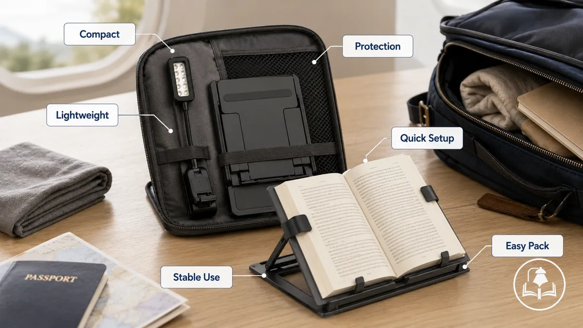 Diagramme des caractéristiques d’un accessoire de lecture adapté au voyage comprenant la compacité, la protection et une utilisation stable