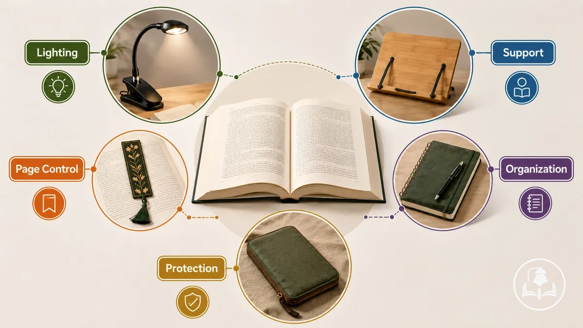 accessoires de lecture regroupés par fonction principale pour éclairage soutien contrôle des pages organisation et protection