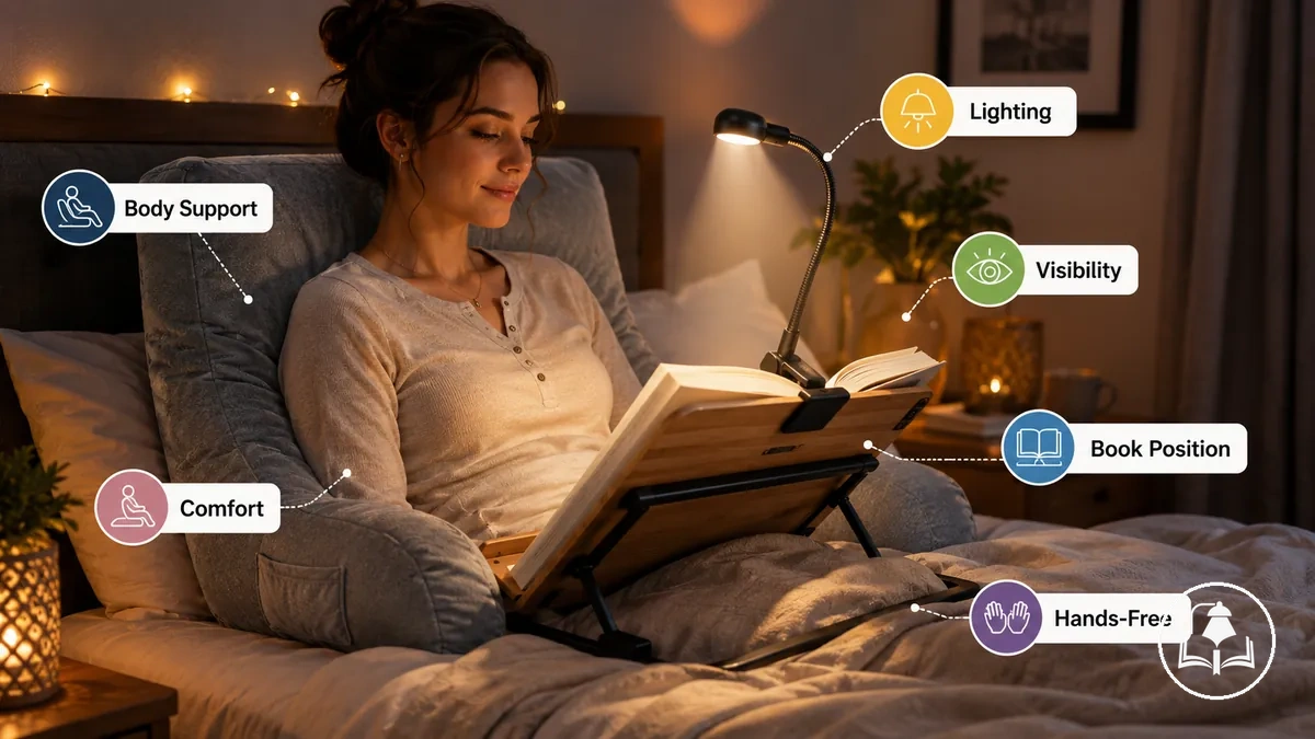 Configuration de lecture au lit montrant le soutien, le positionnement du livre et un éclairage ciblé