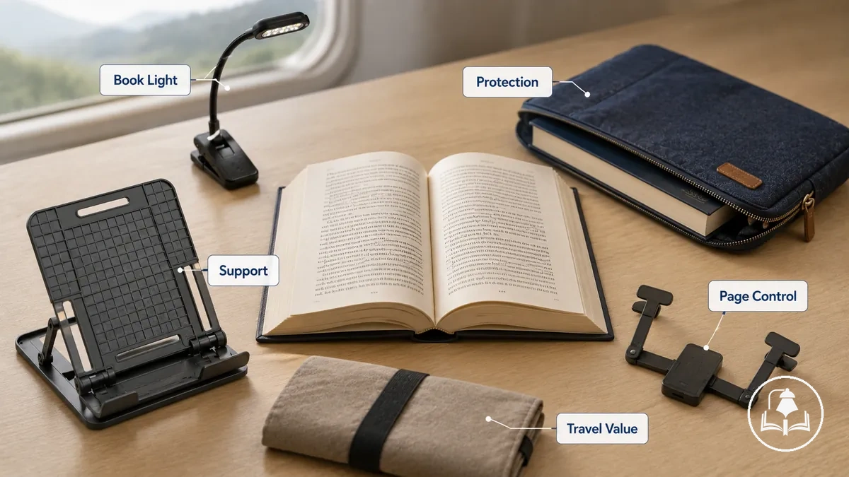 Accessoires de lecture portables essentiels comprenant une lampe de lecture, une pochette, un support pliable et un serre-livre