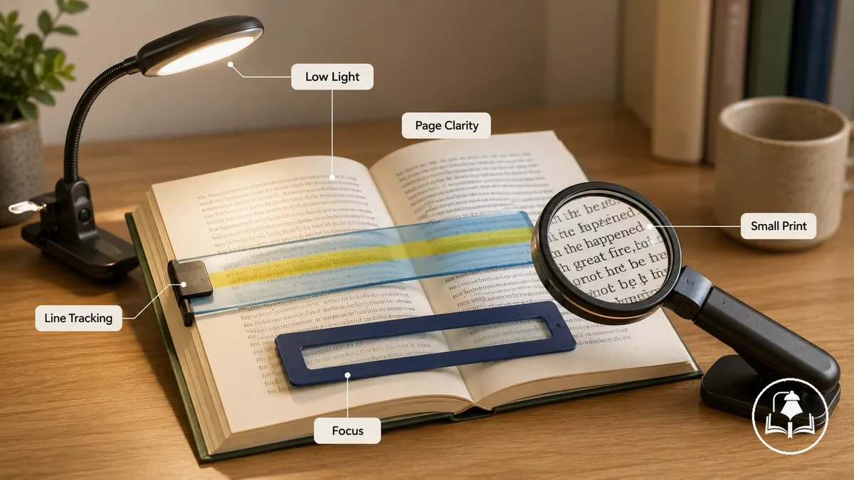 Diagramme montrant comment les lampes de lecture, les guides-lignes et les loupes soutiennent une page de lecture.