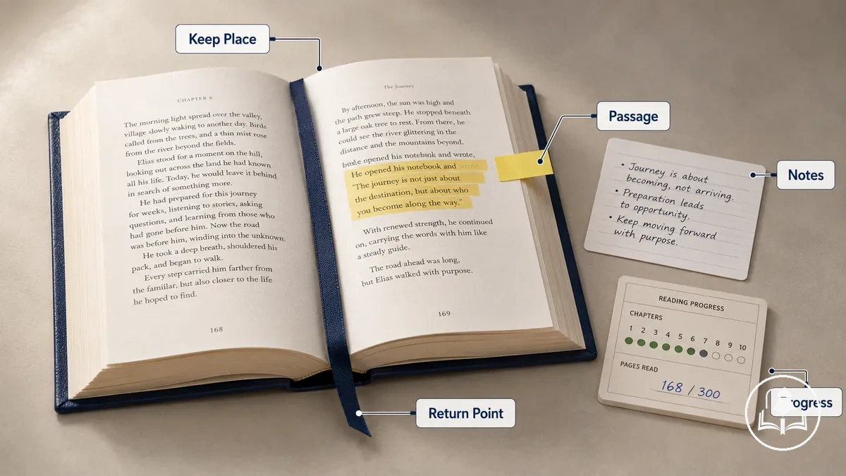 Livre ouvert montrant un marque-page, un onglet et une note de lecture pour le suivi