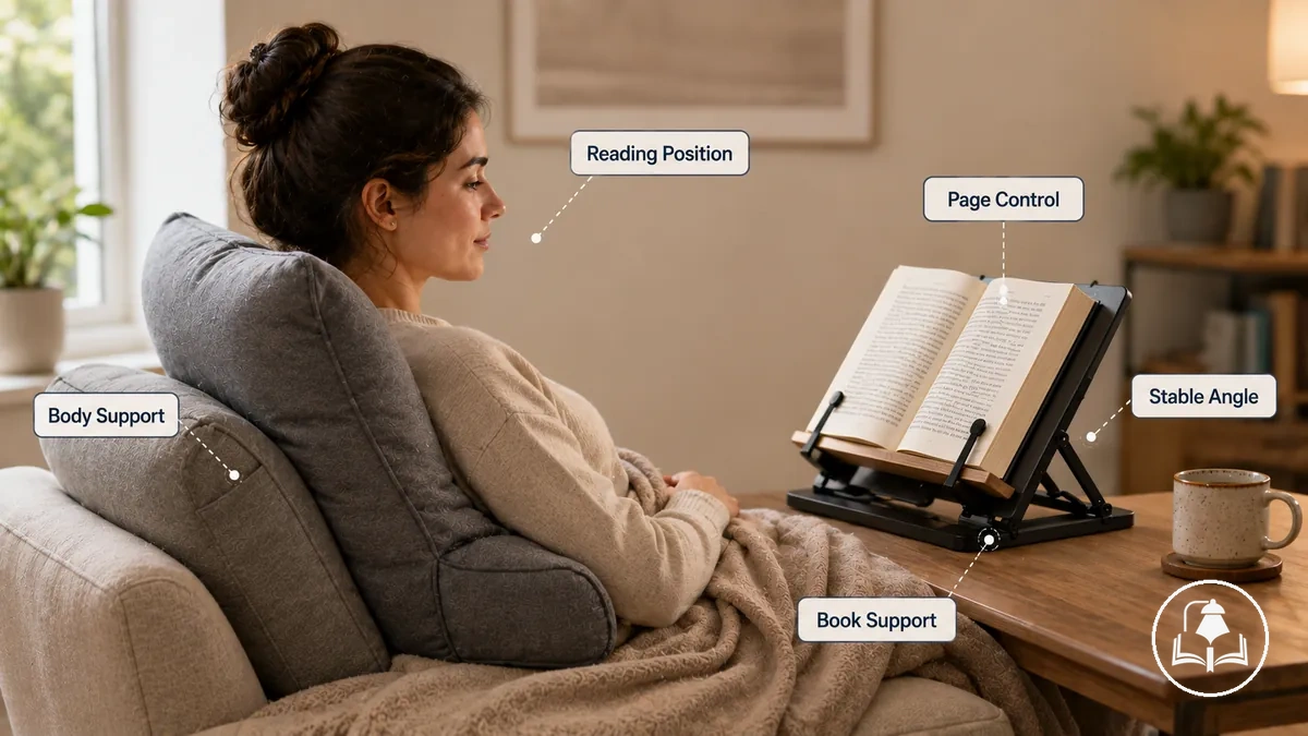 Soutien du corps et du livre pendant la lecture par des accessoires de confort