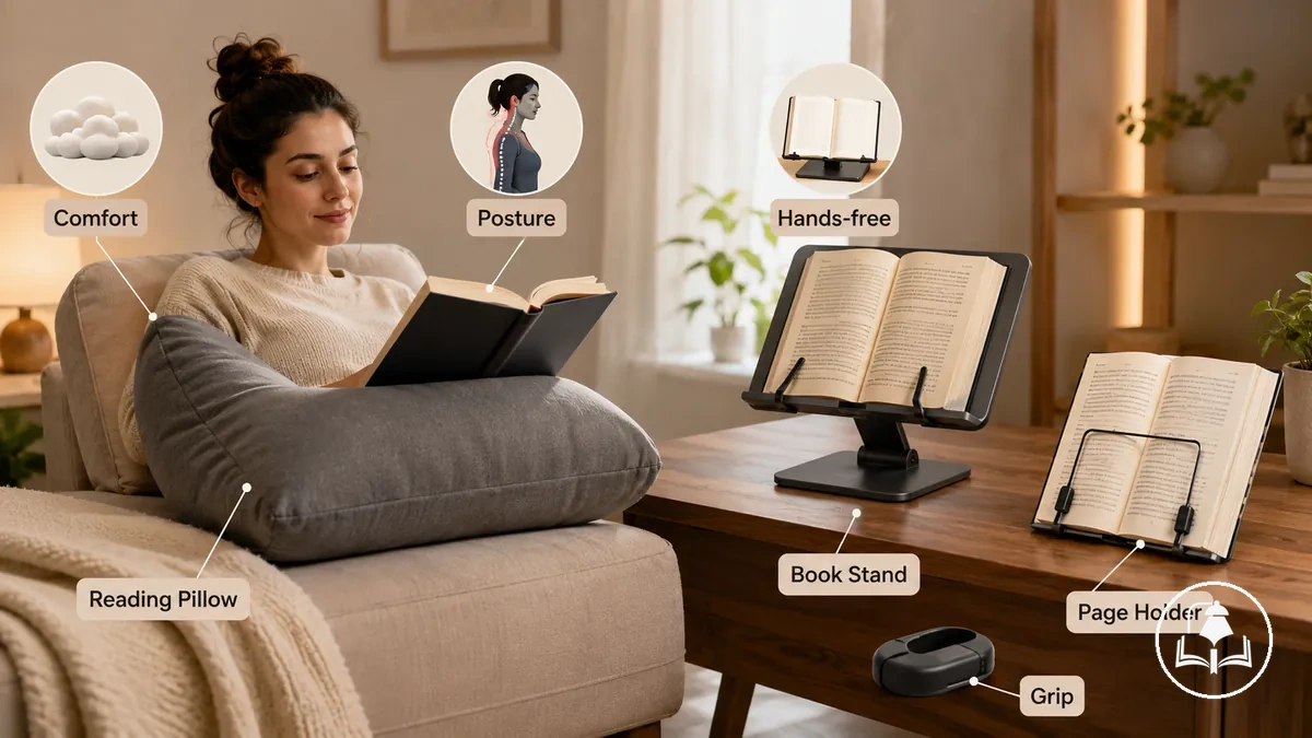 Installation de lecture montrant les accessoires de confort, posture et support mains libres pour des sessions de lecture plus longues