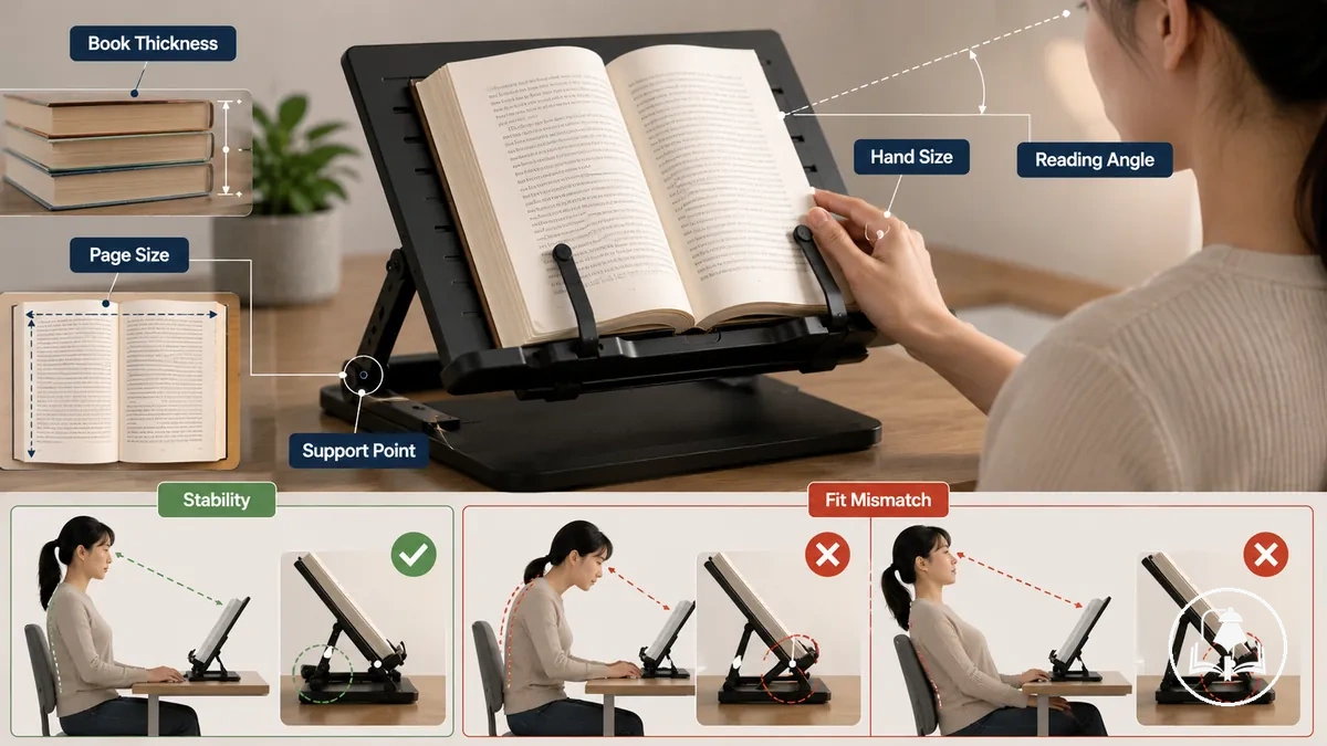 schéma d’un décalage d’ajustement d’accessoire de lecture entre la taille du livre, la position du corps et le point de support