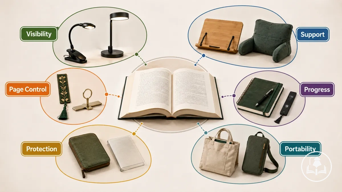 accessoires de lecture regroupés par éclairage soutien suivi de page et protection du livre