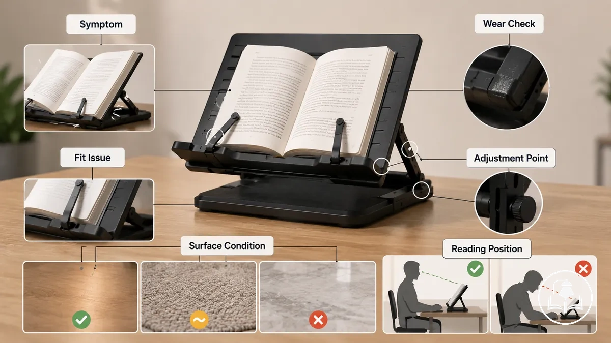 diagnostic annoté d'un accessoire de lecture montrant les vérifications d'ajustement de surface, de tension et d'usure