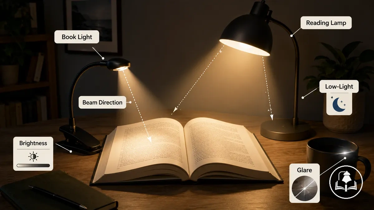 lampe de lecture montrant la direction du faisceau sur une page ouverte pour une lecture en faible luminosité