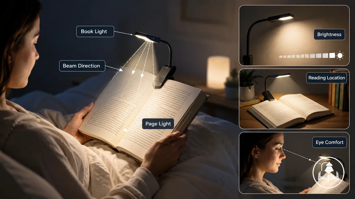 Installation de lecture montrant une lampe de lecture éclairant les pages avec direction de faisceau ajustable et contrôle de la visibilité