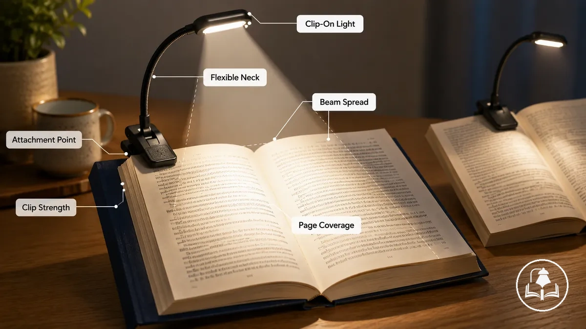 Lampe de lecture à pince fixée sur un livre et éclairant la page.