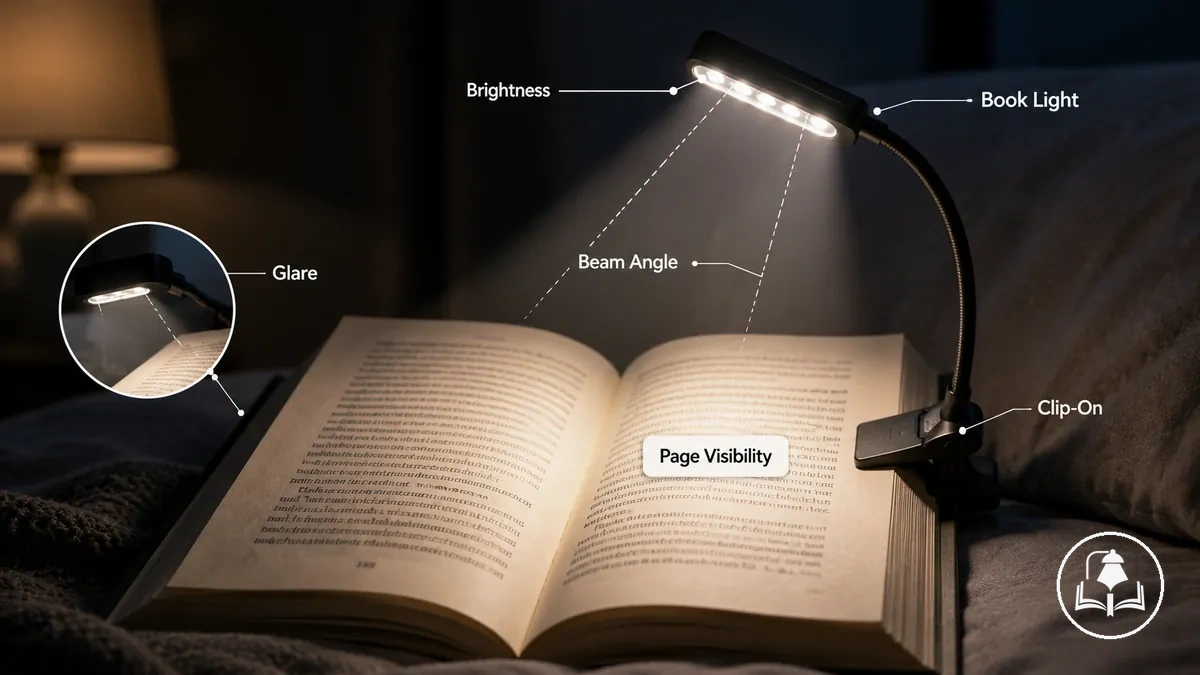 Lampe de lecture éclairant une page ouverte pour une lecture en faible luminosité.