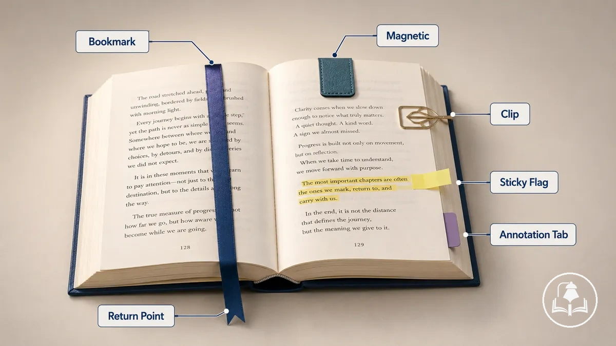Marque-pages, pinces signets et onglets d’annotation présentés à côté de pages de livre ouvertes
