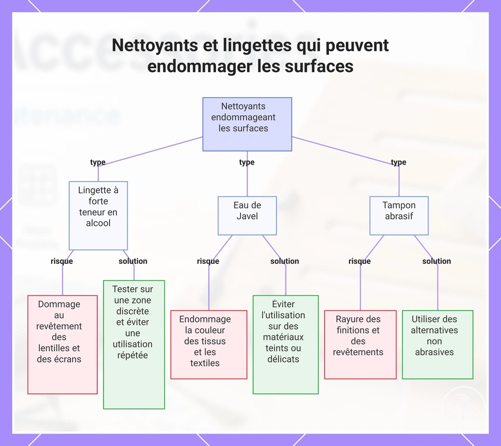 Nettoyants et lingettes qui peuvent endommager les surfaces