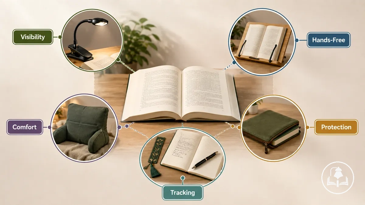 Schéma présentant les principales fonctions des accessoires de lecture, dont la visibilité, le soutien mains libres, le confort, la protection et le suivi