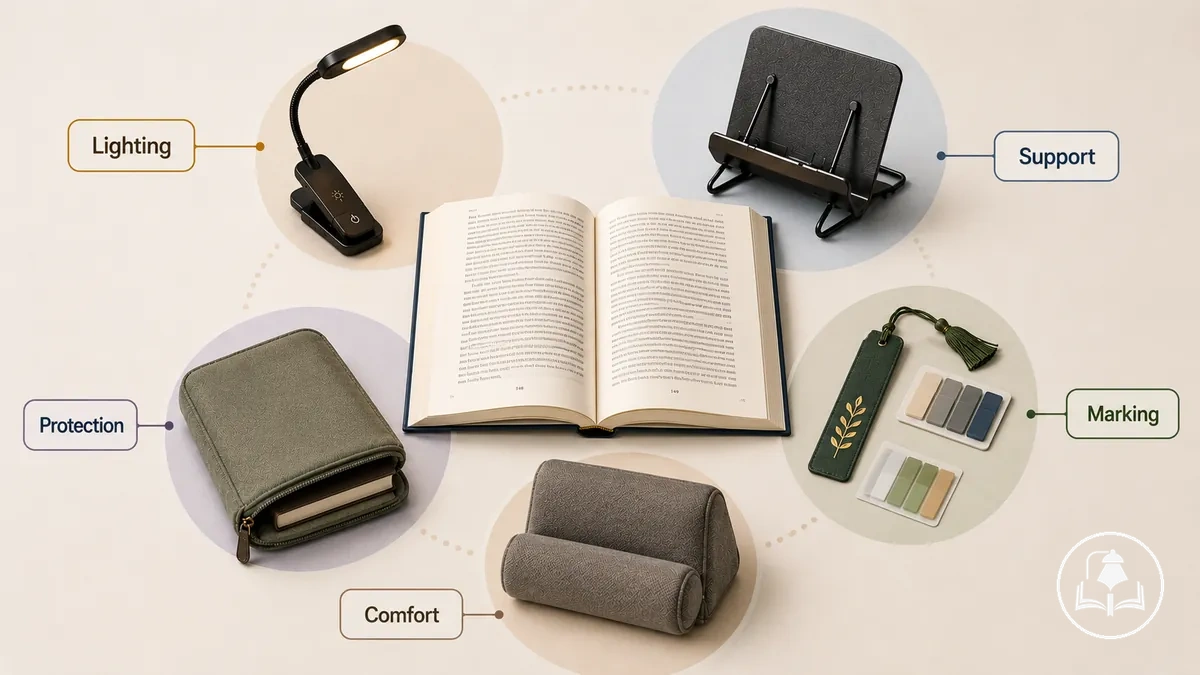 Principaux types d'accessoires de lecture regroupés par fonction, incluant l'éclairage, le support, le marquage, la protection et le confort