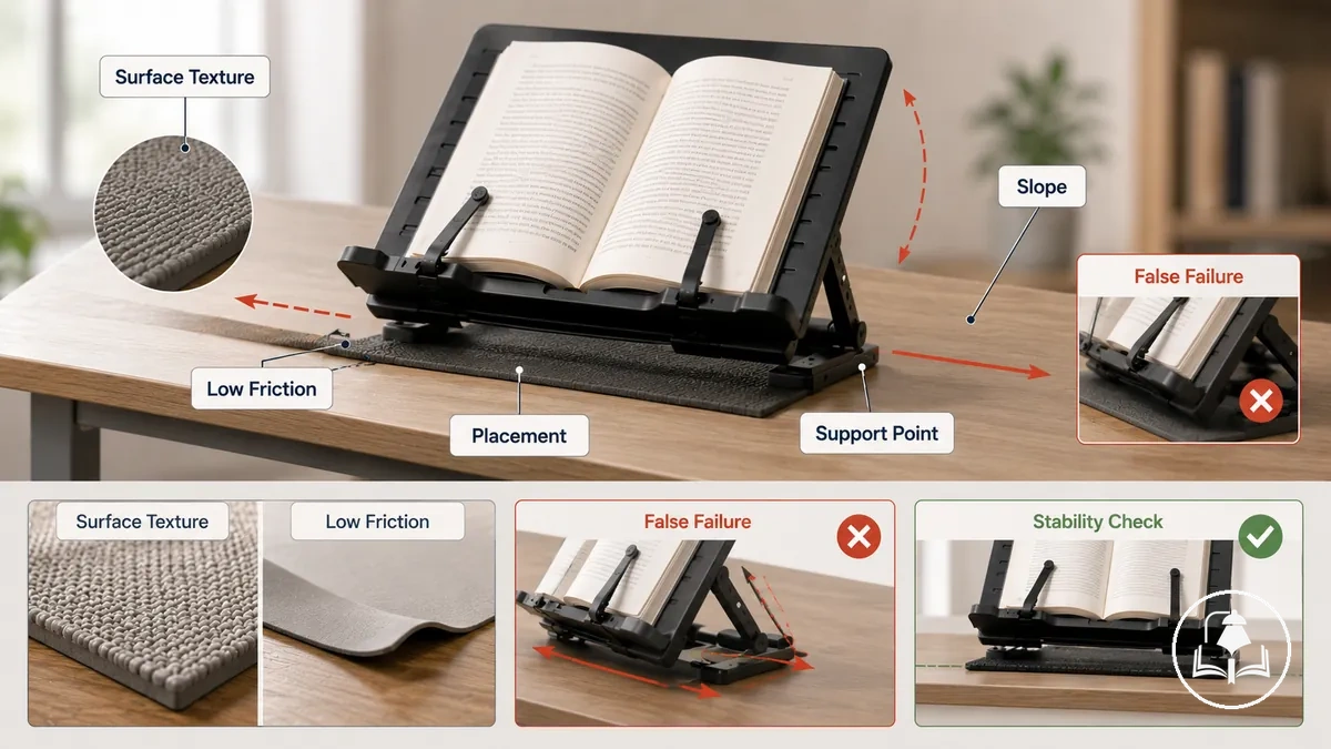 configuration annotée d'accessoire de lecture montrant les problèmes de friction de surface, d'inclinaison et de placement