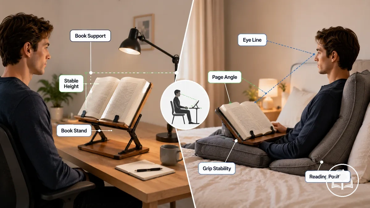 support de livre ajusté pour une hauteur de page stable et une portée de lecture confortable