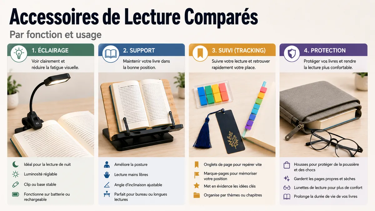 Accessoires de lecture comparés par fonction, avec options d’éclairage, de support, de suivi et de protection