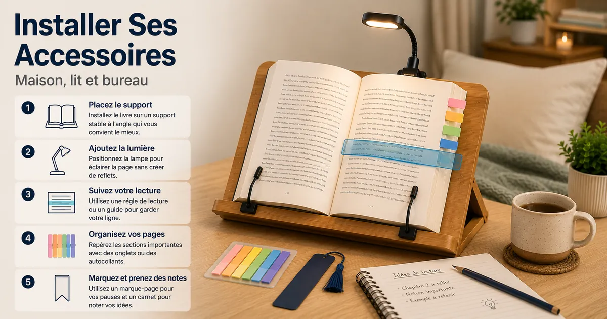 Installation pratique d’accessoires de lecture à la maison avec support, éclairage et outils de suivi de page