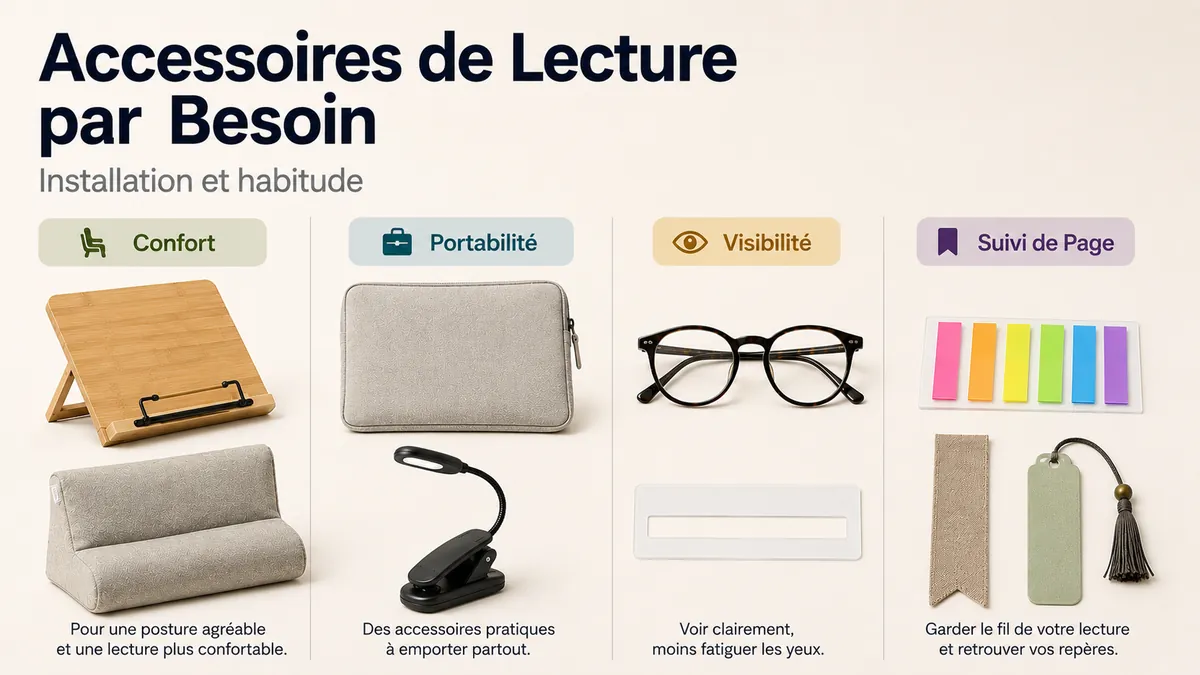 Accessoires de lecture regroupés par besoin, dont confort, portabilité, visibilité et suivi de page