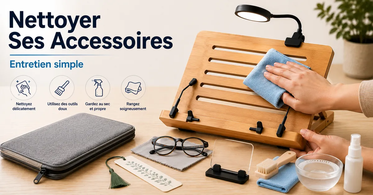 Accessoires de lecture nettoyés et entretenus avec un chiffon doux et des outils simples