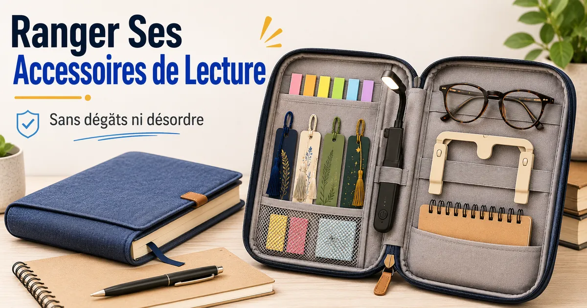 Accessoires de lecture rangés proprement dans un organiseur compact pour éviter les dégâts et le désordre