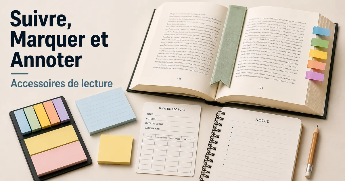 Accessoires de lecture pour suivre les pages, marquer des passages et prendre des notes à côté d’un livre ouvert