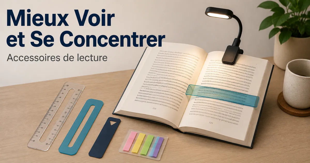 Accessoires de lecture pour une page plus lisible, avec lampe de lecture et guides de ligne
