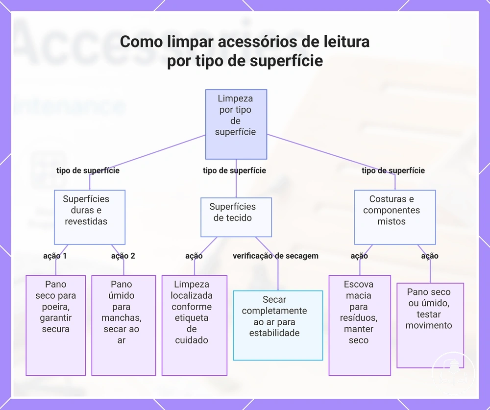 Como limpar acessórios de leitura por tipo de superfície