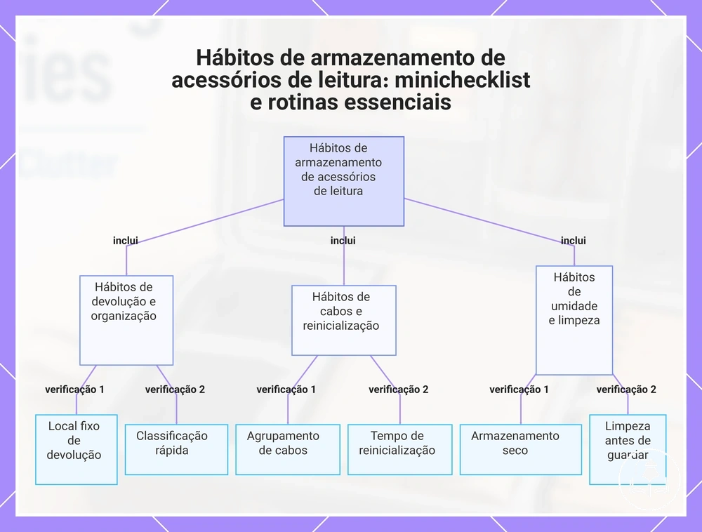 Hábitos de armazenamento de acessórios de leitura: minichecklist e rotinas essenciais