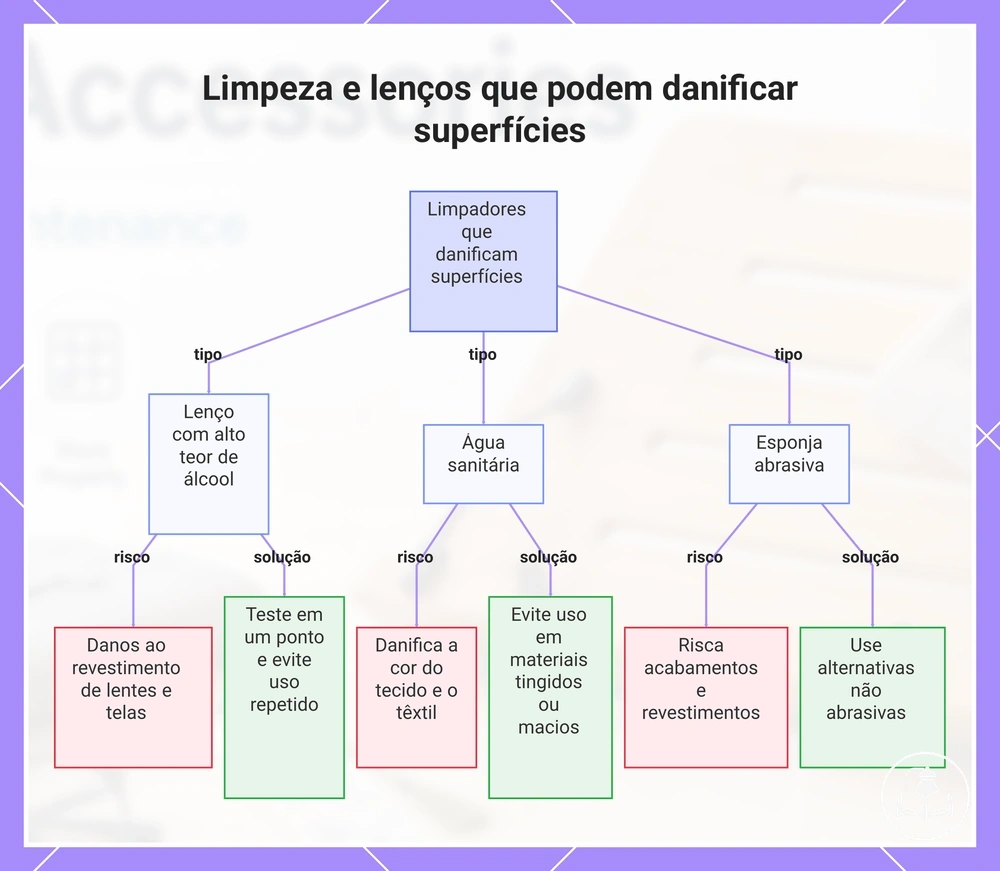 Limpeza e lenços que podem danificar superfícies