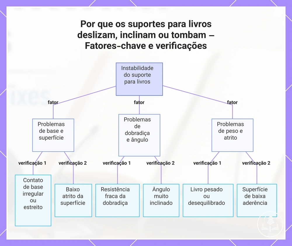 Por que os suportes para livros deslizam, inclinam ou tombam – Fatores-chave e verificações