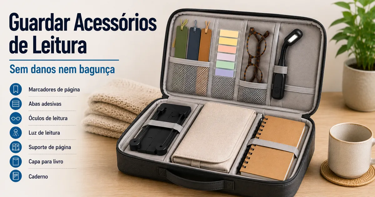 Acessórios de leitura guardados em um organizador compacto para evitar danos e bagunça