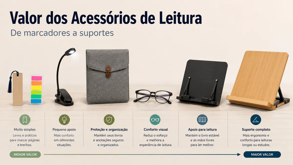 Acessórios de leitura organizados por valor prático, de marcadores simples a suportes maiores