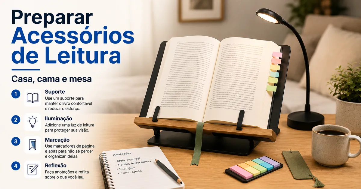 Preparação prática de acessórios de leitura para ler em casa com suporte, iluminação e marcação de página