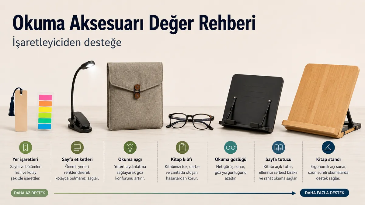 Basit sayfa işaretleyicilerden daha büyük destek araçlarına kadar pratik değere göre sıralanan okuma aksesuarları