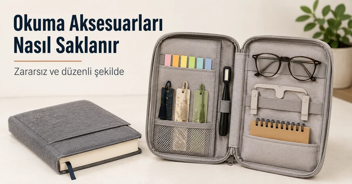 Zarar ve dağınıklığı önlemek için kompakt bir düzenleyicide saklanan okuma aksesuarları